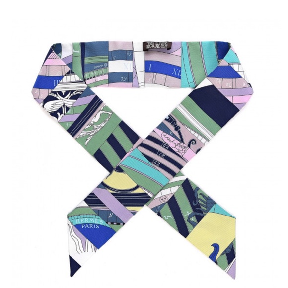 Hermès Set of 2: Silk Twilly Twill Scarf Astrologie Nouvelle Rose Ivoire Vert - Picture 1 of 6